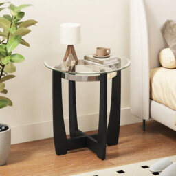Gainoom Black Glass End Table 61Cm Round Side Table With Tempered Glass Top