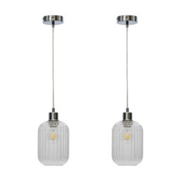 First Choice Lighting Set Of 2 Batley - Clear Ribbed Glass With Chrome Pendant Fittings - thumbnail 1