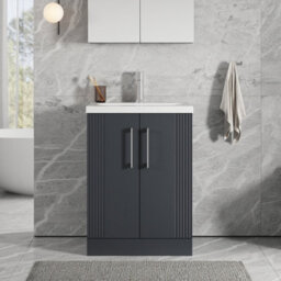 Balterley Belvide Partial Fluted 2 Door Floor Standing Vanity Unit With Mid-Edge 1 Tap Hole Ceramic Basin - 600mm - Satin Dark Grey - thumbnail 2