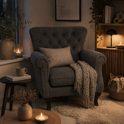 Wyld Haus Rolu Zimo Dark Grey Chesterfield-Style Nailhead Accent Chair, Wingback, Linen-Effect Upholstery - image 1