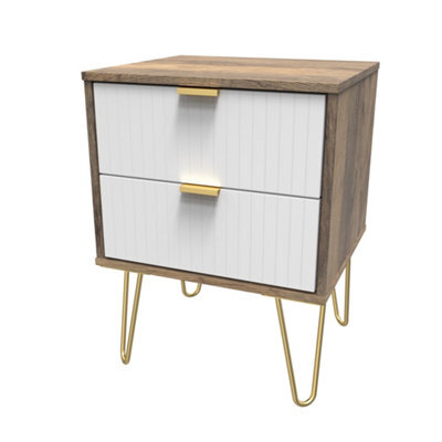 Linear Ready Assembled Matt White Dark Oak Effect 2 Drawer Wide Bedside Chest (H)505mm (W)395mm (D)415mm - image 1
