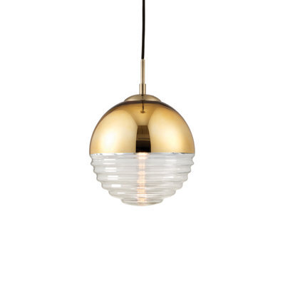 Anson Lighting Palma 1Lt Gold Effect Plate And Clear Ribbed Glass Pendant Single