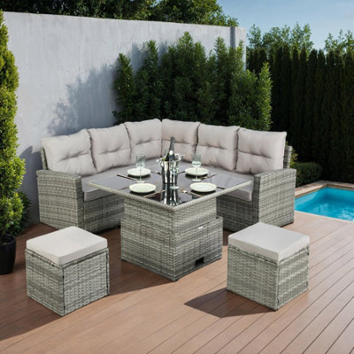 St. Tropez - 6 Seater Garden Corner Sofa In Grey Rattan With Rising Table & Glass Top - image 1