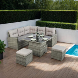 St. Tropez - 6 Seater Garden Corner Sofa In Grey Rattan With Rising Table & Glass Top - thumbnail 2