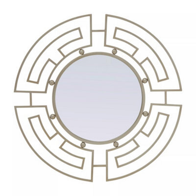 Orsina Silver Round Wall Mirror With Geometric Metal Frame, Fusion Style Statement Mirror For Living Room Or Hallway - image 1
