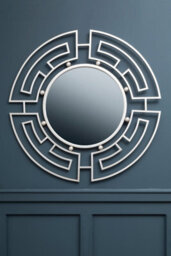 Orsina Silver Round Wall Mirror With Geometric Metal Frame, Fusion Style Statement Mirror For Living Room Or Hallway - thumbnail 4