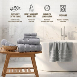 Casabella Towels Set, 8 Pc Towels For Bathroom, 100% Cotton, 2 Bath Towels, 2 Hand Towels, 4 Face Cloth, Grey - thumbnail 4