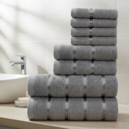 Casabella Towels Set, 8 Pc Towels For Bathroom, 100% Cotton, 2 Bath Towels, 2 Hand Towels, 4 Face Cloth, Grey