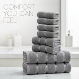 Casabella Towels Set, 8 Pc Towels For Bathroom, 100% Cotton, 2 Bath Towels, 2 Hand Towels, 4 Face Cloth, Grey - thumbnail 6
