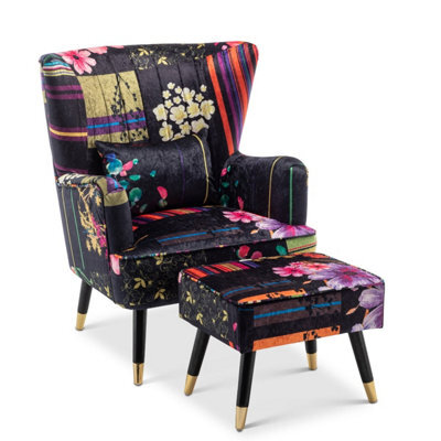Fabric Black Patchwork Accent Wingback Chair With Footstool - image 1