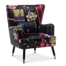 Fabric Black Patchwork Accent Wingback Chair With Footstool - thumbnail 2