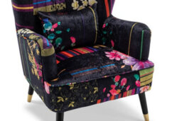 Fabric Black Patchwork Accent Wingback Chair With Footstool - thumbnail 3