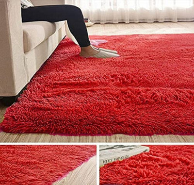 Wadan 120X170Cm Red Fluffy Shaggy Rug - Comfort Soft Fluffy Shaggy Rugs For Bedroom & Living Room Carpet - Anti Slip Area Rugs