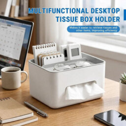 Grey White Rectangular Tissue Holder Cover Case With Compartments Desktop Tissue Box - thumbnail 5