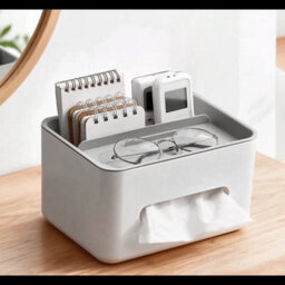 Grey White Rectangular Tissue Holder Cover Case With Compartments Desktop Tissue Box - thumbnail 6