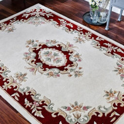 Handmade Bordered Floral Easy To Clean Cream Red Traditional Wool Rug For Living Room & Bedroom-160Cm X 235Cm - thumbnail 2