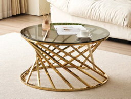 Comfy Living Round Geometric Design Gold Metal Coffee Table With Tinted Glass Tempered Top - thumbnail 7