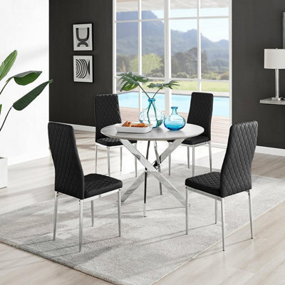 Furniturebox Uk Novara Grey Concrete Effect Round Dining Table & 4 Black Milan Chrome Leg Chairs - image 1