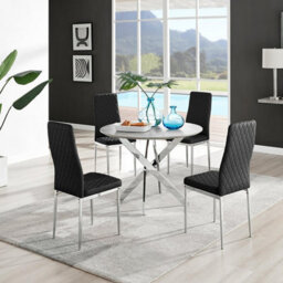 Furniturebox Uk Novara Grey Concrete Effect Round Dining Table & 4 Black Milan Chrome Leg Chairs - thumbnail 1