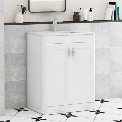 Royal Bathrooms Henley 600mm Gloss White Floor Standing Vanity Unit 2 Door With Undrilled Carrara White Top & Chrome Knob - image 1