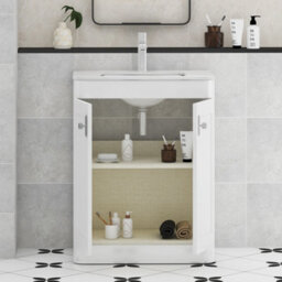 Royal Bathrooms Henley 600mm Gloss White Floor Standing Vanity Unit 2 Door With Undrilled Carrara White Top & Chrome Knob - thumbnail 4