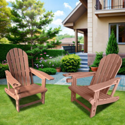 2 Pack Hdpe Adirondack Chairs With Cup Holder Garden Furniture Set For Patio Garden Deck (Teak) - thumbnail 2
