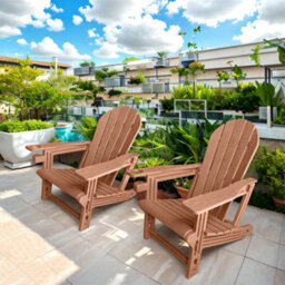 2 Pack Hdpe Adirondack Chairs With Cup Holder Garden Furniture Set For Patio Garden Deck (Teak) - thumbnail 3