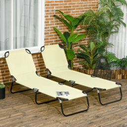 Outsunny Folding Sun Loungers Set Of 2 With Adjustable Backrest, Beige - thumbnail 1