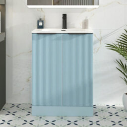 Royal Bathrooms Evora 700mm Powder Blue Fluted Floor Standing Bathroom Vanity Unit 2 Door With Ceramic Basin & Matt Black Handles - thumbnail 1