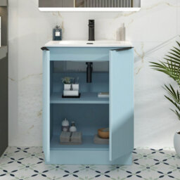 Royal Bathrooms Evora 700mm Powder Blue Fluted Floor Standing Bathroom Vanity Unit 2 Door With Ceramic Basin & Matt Black Handles - thumbnail 4