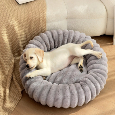 Grey Fluffy Donut Dog Bed Round Calming Pet Cushion Soft Plush Puppy Bed Cats & Dogs 70Cm Diameter - image 1