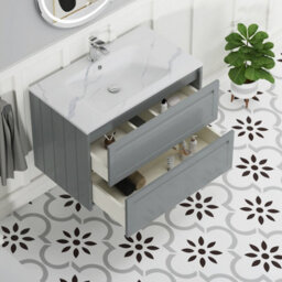 Royal Bathrooms Elmore 800mm Traditional Wall Hung 2 Drawer Bathroom Vanity Unit With Sintered Stone Basin Sink - Matt Pebble Grey - thumbnail 5