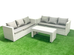 Fimous 6 Seater Garden Outdoor Rattan Furniture Set Rattan Garden Sofa Oblong Coffee Table Light Grey - thumbnail 2