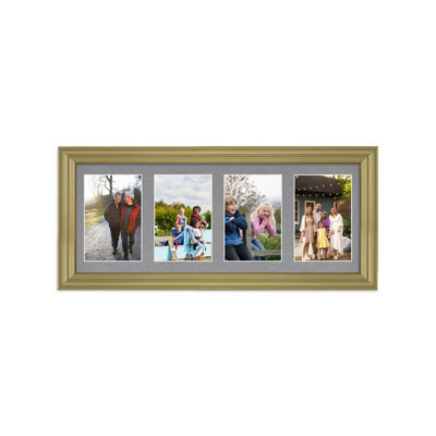 AK Frames 50X20Cm Gold Classic Multi Photo Frame With Mid Grey Mount - Holds 4 Apertures (4X) 6X4 Photos - image 1