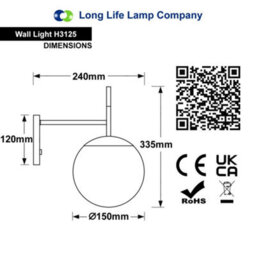Long Life Lamps Company Modern Brass Wall Light Black Frosted Glass Globe Sconce H3125 - thumbnail 2