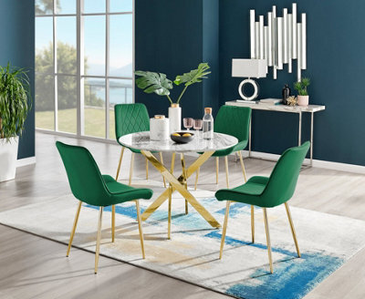Furniturebox Novara White Marble Effect 100Cm Round Dining Table With Gold Starburst Legs & 4 Green Velvet Pesaro Chairs - image 1