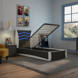 SlumberWorx Galaxy Ottoman Storage Led Headboard Gaming Single Bed Frame (Black And White) - thumbnail 3