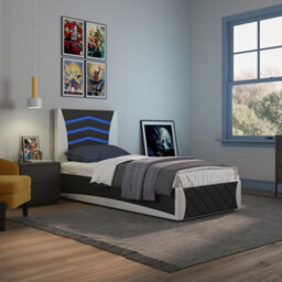 SlumberWorx Galaxy Ottoman Storage Led Headboard Gaming Single Bed Frame (Black And White) - thumbnail 1