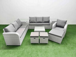 Fimous 10 Seater Poly Rattan Outdoor Garden Furniture Square Coffee Table Sofa Set 3 Seater Sofa 2 Side Table Light Grey - thumbnail 1