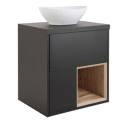 Homestylestore Black Grey 594mm Wall Hung Bathroom Vanity Unit Oval Chalk Countertop Basin Open Shelf - thumbnail 1