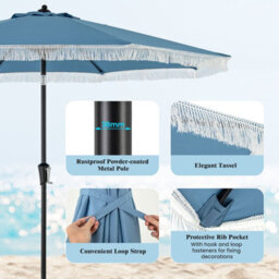 Costway 9 Ft Patio Umbrella Outdoor Tassel Parasol With Push Button Tilt Navy - thumbnail 3