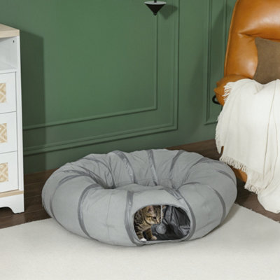 Pawhut 2 In 1 Cat Tunnel With Bed, Cat Play Tunnel For Indoor Cats, Grey - image 1