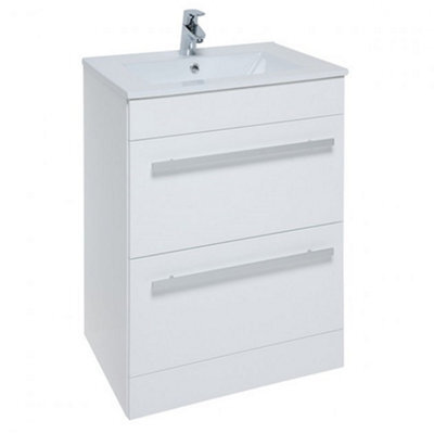 Clifton Bathroom 2 Drawer Floor Standing Vanity Unit With Basin 600mm Wide - White  - Brassware Not Included - image 1
