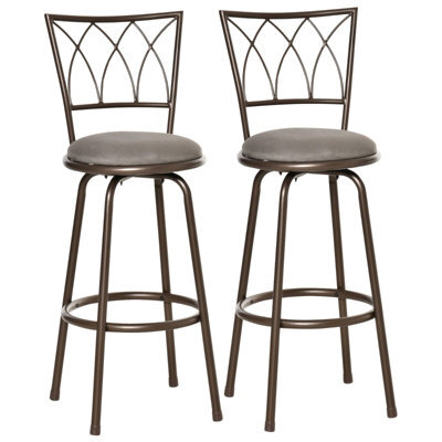 2 Upholstered Metal Frame Barstools With Backrest & Footrest, Bronze