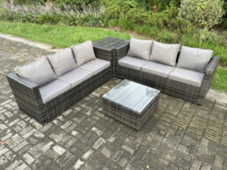 Fimous Rattan Garden Furniture Set 6 Seater Patio Outdoor Lounge Sofa Set With Side Table Square Coffee Table Dark Grey Mixed - thumbnail 1