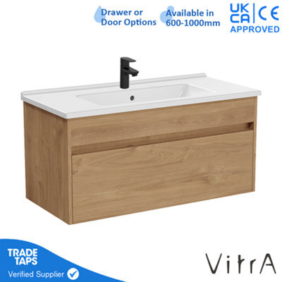 Vitra 1000mm Wall Hung Bathroom Vanity Unit With 1 Drawer & Basin - Golden Oak Includes Black Tap - image 1