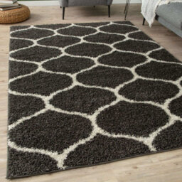 The Rugs Moroccan Shaggy Rugs And Runners Soft Fluffy Trellis Design High Pile Dark Grey And Ivory Living Room Kitchen Hallway 640 - thumbnail 1