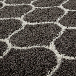 The Rugs Moroccan Shaggy Rugs And Runners Soft Fluffy Trellis Design High Pile Dark Grey And Ivory Living Room Kitchen Hallway 640 - thumbnail 3