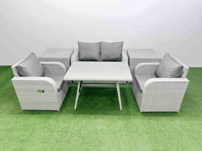 Fimous Light Grey Pe Wicker Rattan Garden Furniture Set Sofa Set Reclining Chair Love Sofa Rectangular Dining Table 2 Side Tables - image 1