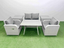 Fimous Light Grey Pe Wicker Rattan Garden Furniture Set Sofa Set Reclining Chair Love Sofa Rectangular Dining Table 2 Side Tables - thumbnail 2